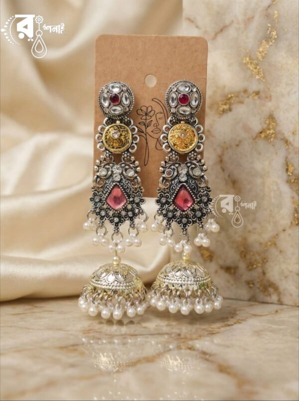 Silver-Plated Stones Studded & Pearls Beaded Dome Jhumkas